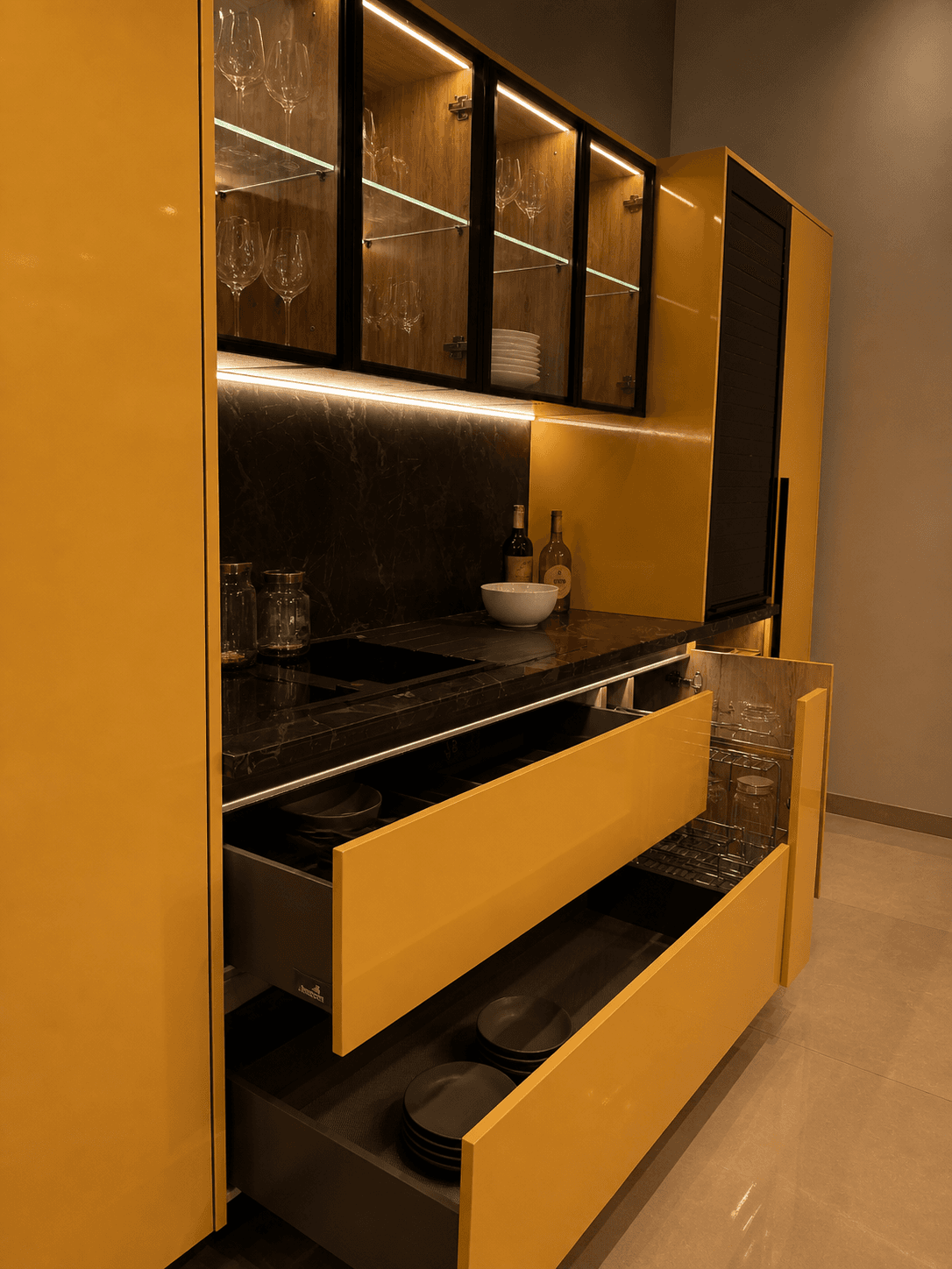 Modular Kitchen – Yellow Glass Cabinets