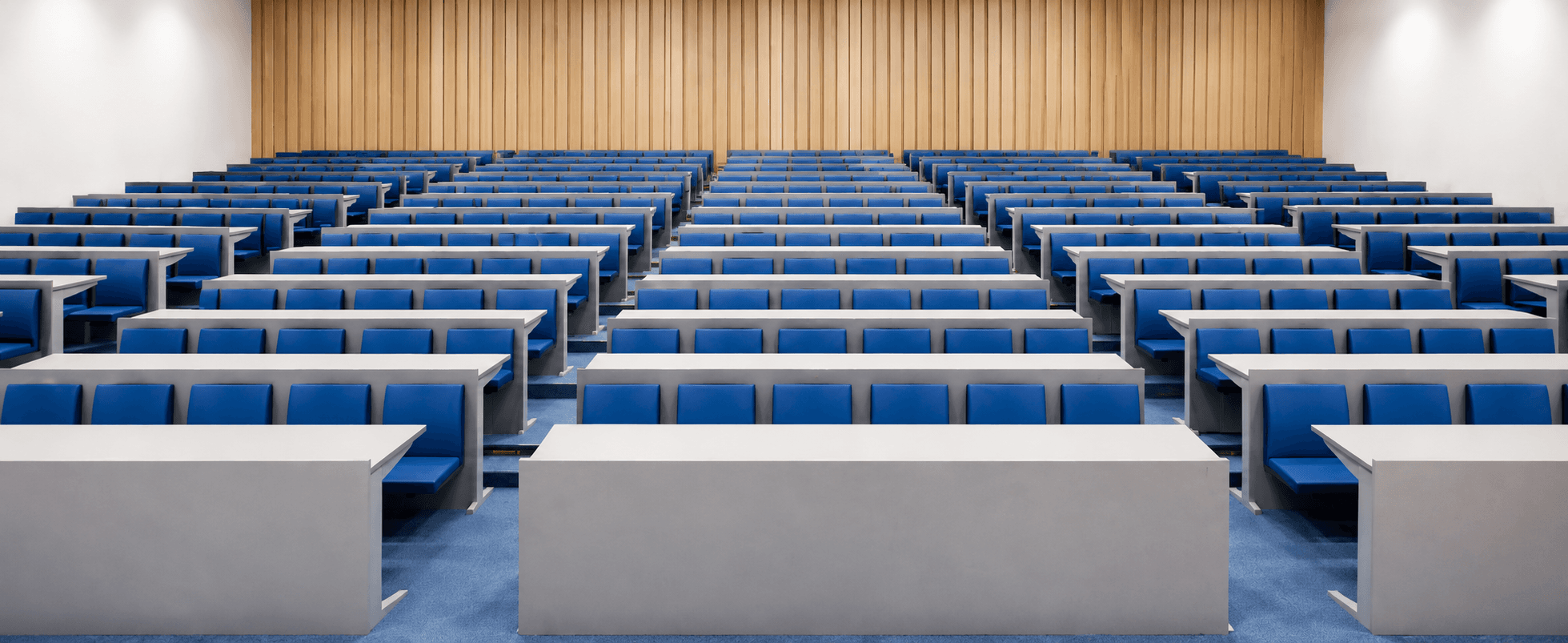 Lecture Hall Furniture – Upholstered Fixed Seat with Rear Writing Surface (Blue)