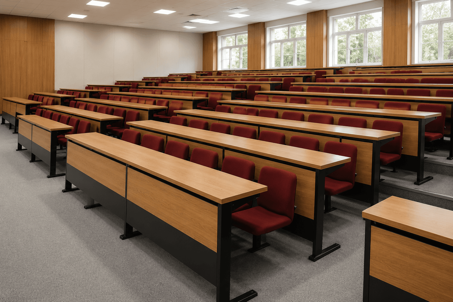Lecture Hall Furniture – Fixed Row Seating with Under-Table Storage (Wood Panel)