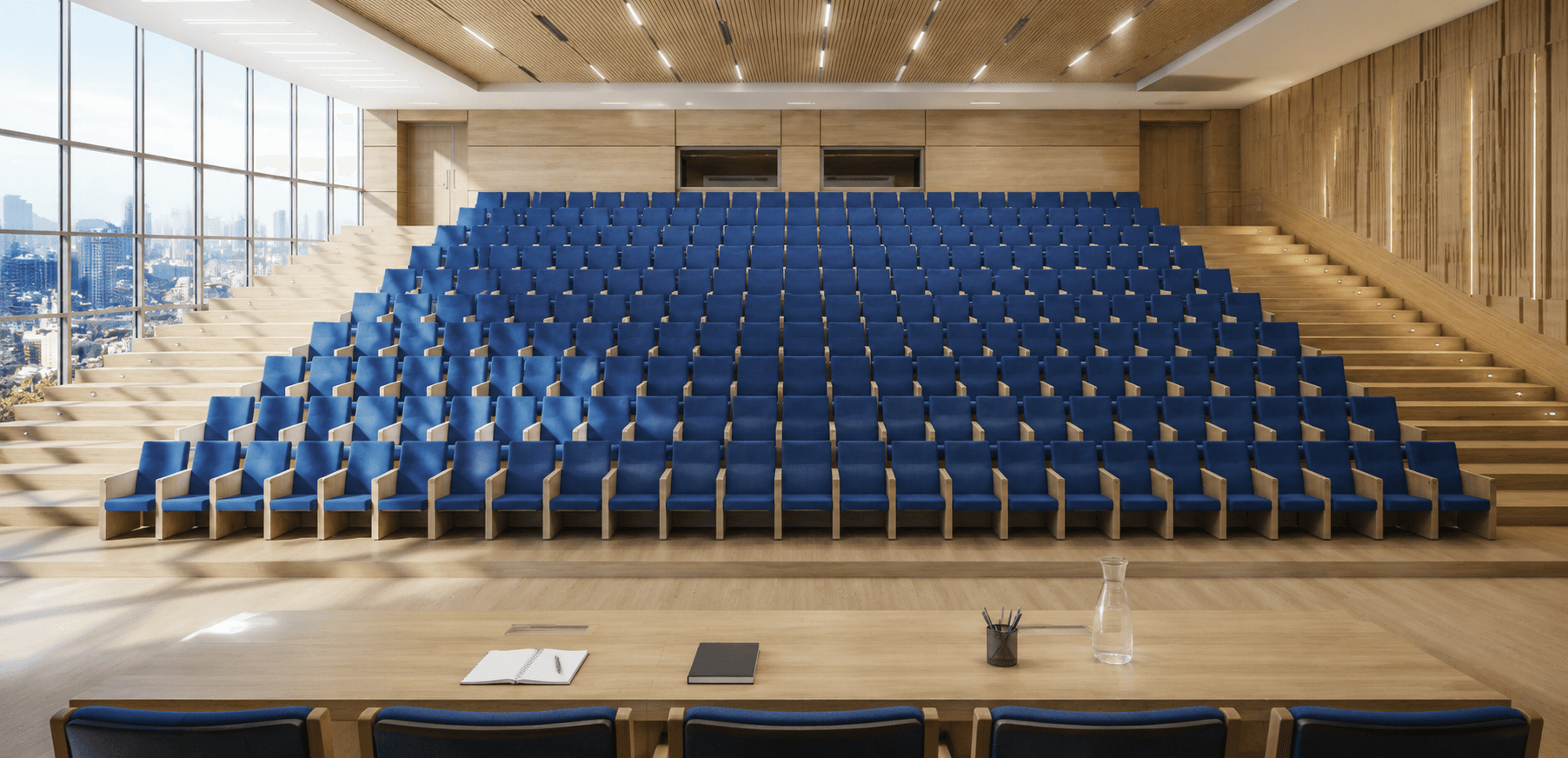 Auditorium Chair – Upholstered Fixed Seat with Wooden Side Panels (Blue)