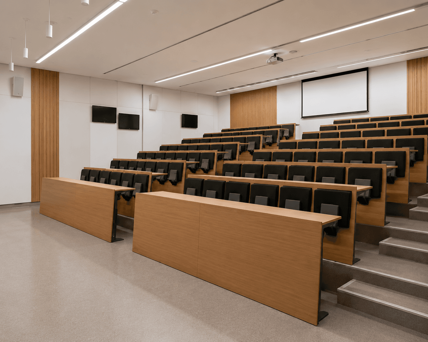 Lecture Hall Furniture – Pedestal-Leg Row Table with Folding Chair