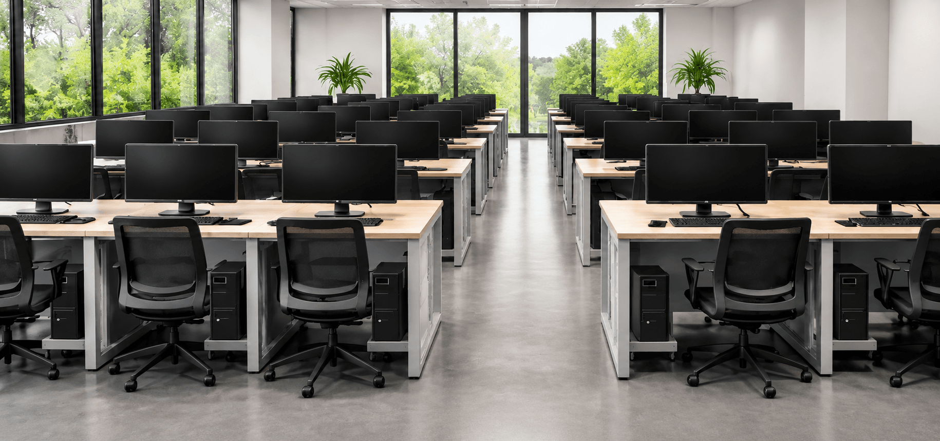 Computer Lab Furniture – Back-to-Back Bench Workstation (with Central Storage)