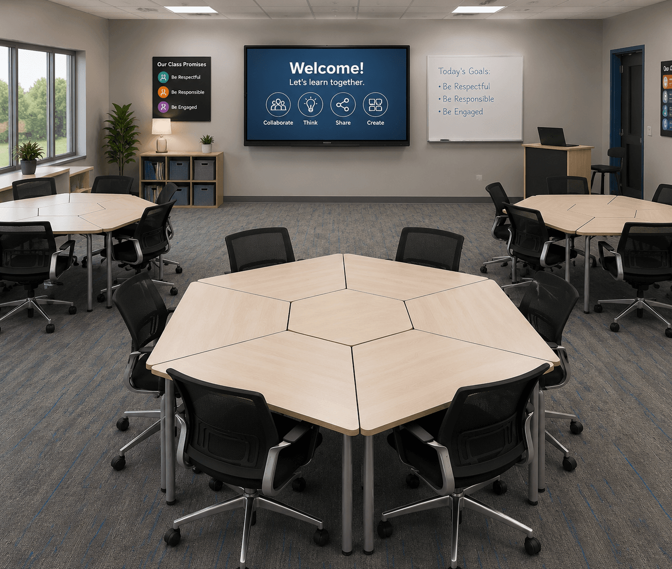 Interactive Classroom Furniture – Hexagonal Cluster Table (with Tech Integration)