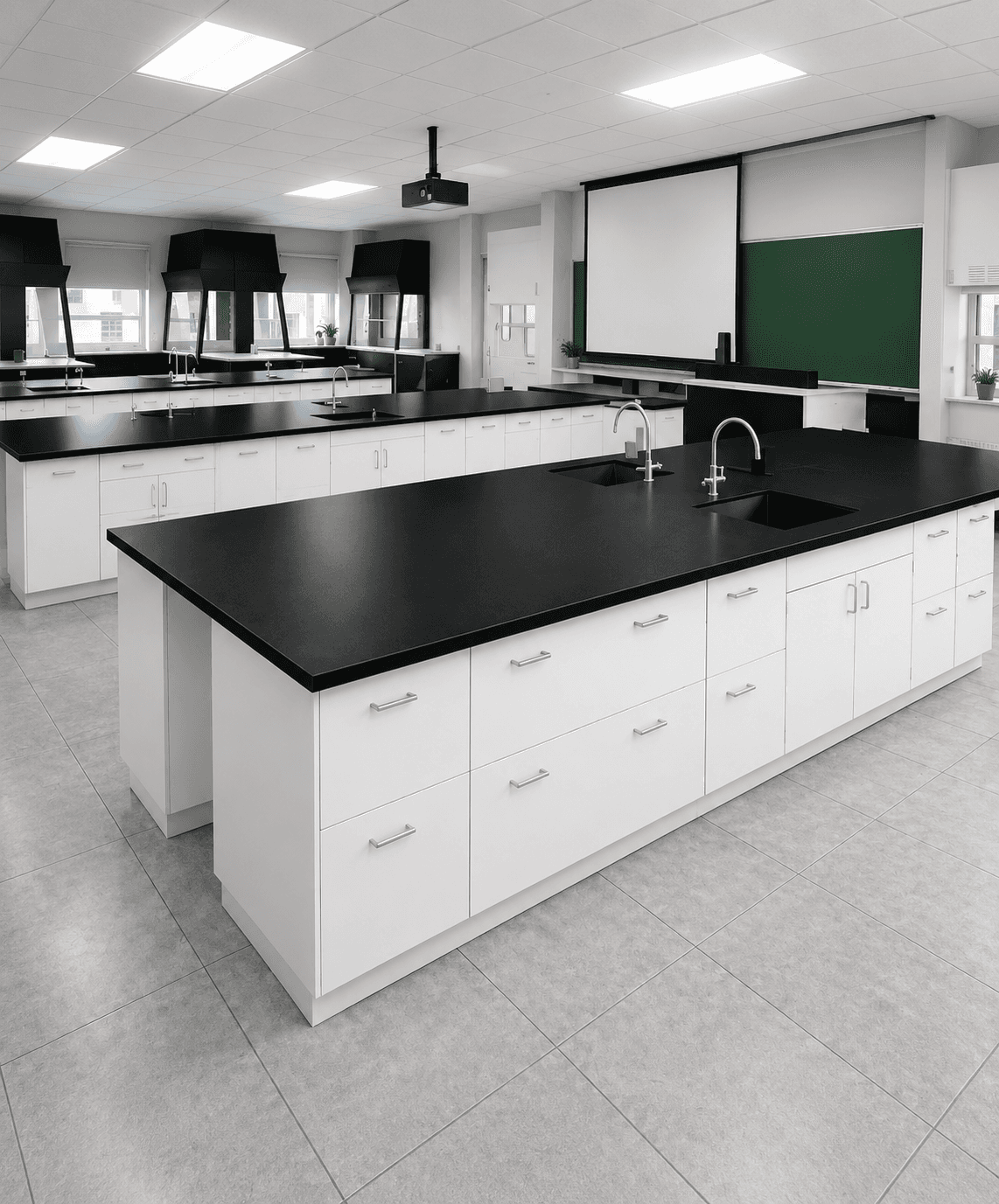 Laboratory Furniture – Chemistry Lab Bench with Sink and Black Countertop
