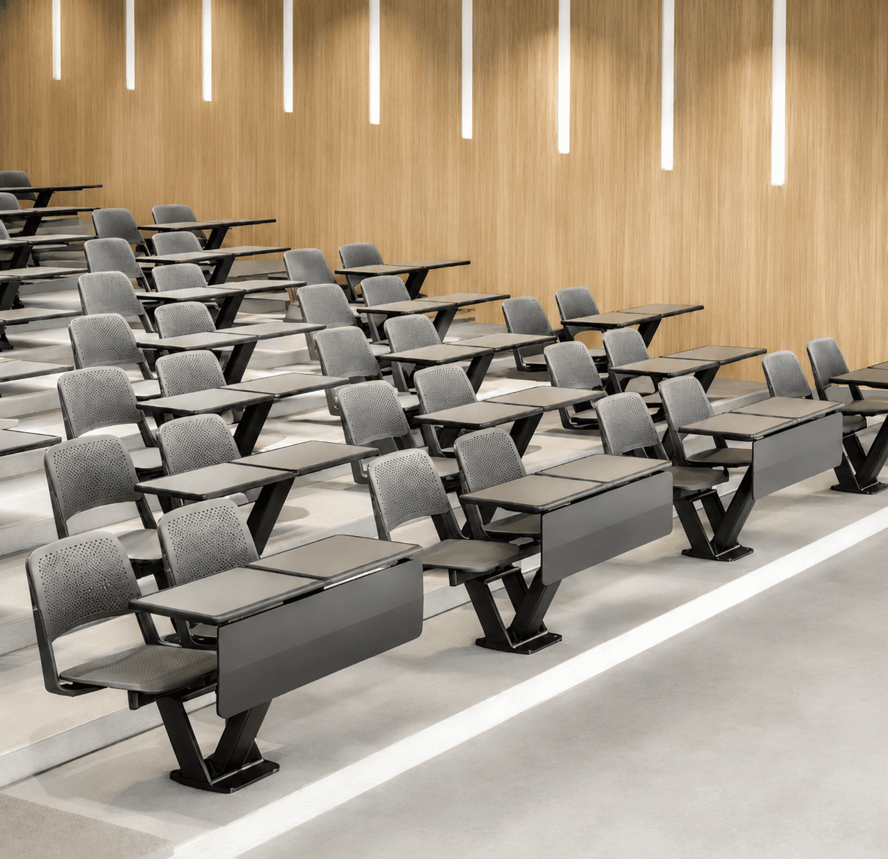 Lecture Hall Furniture – Upholstered Row Seating with Continuous Writing Table
