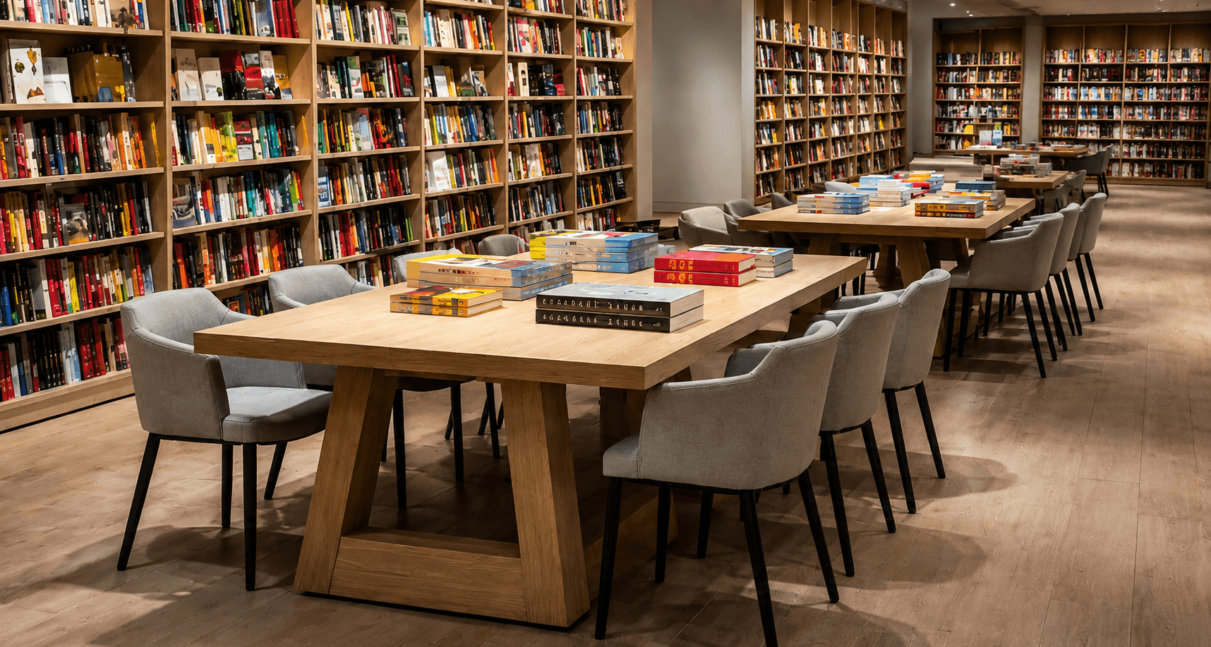 Library Furniture – Reading Table with Bookshelf Wall Unit