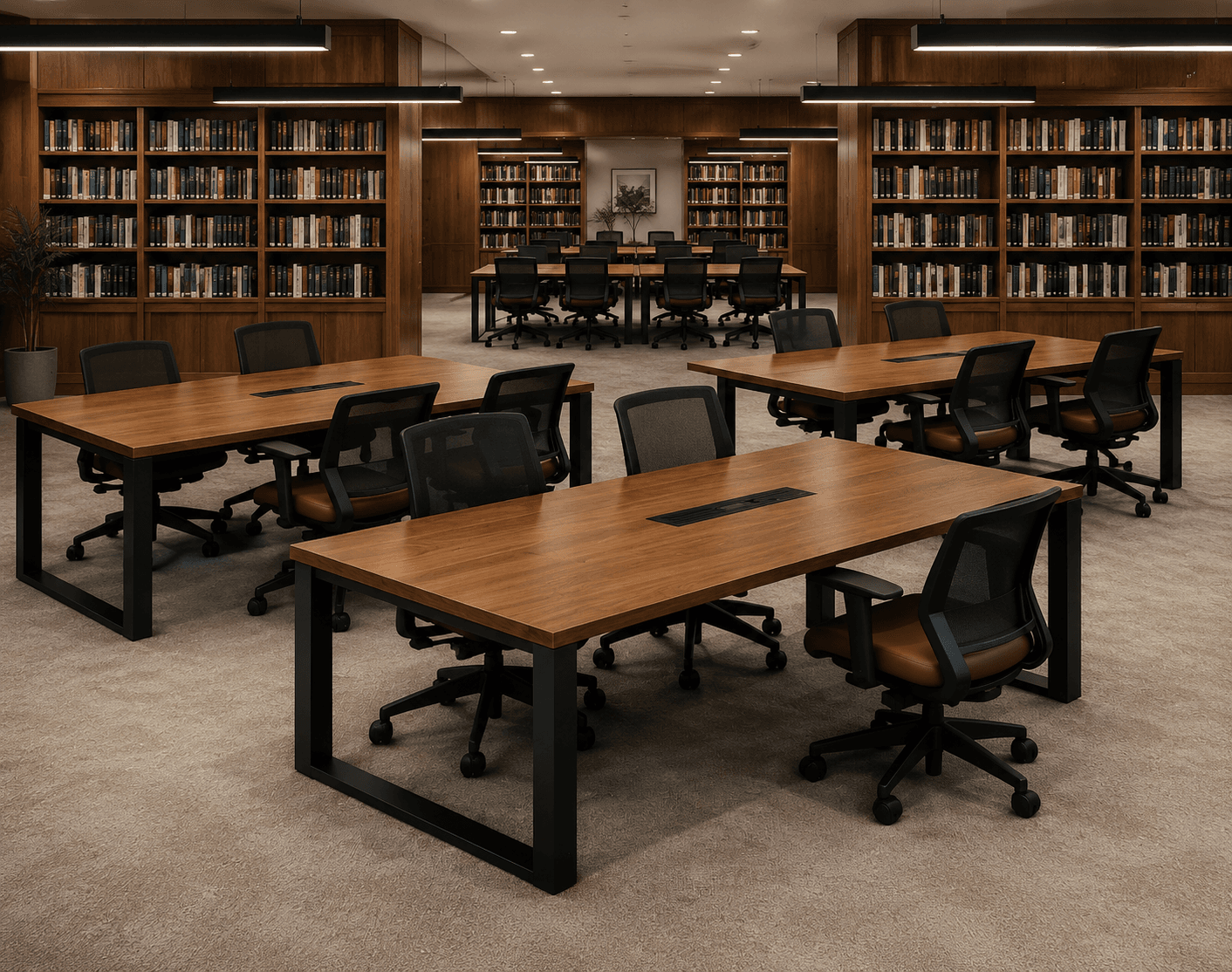 Library Furniture – Community Reading Table (Thick Wood Trestle Base)