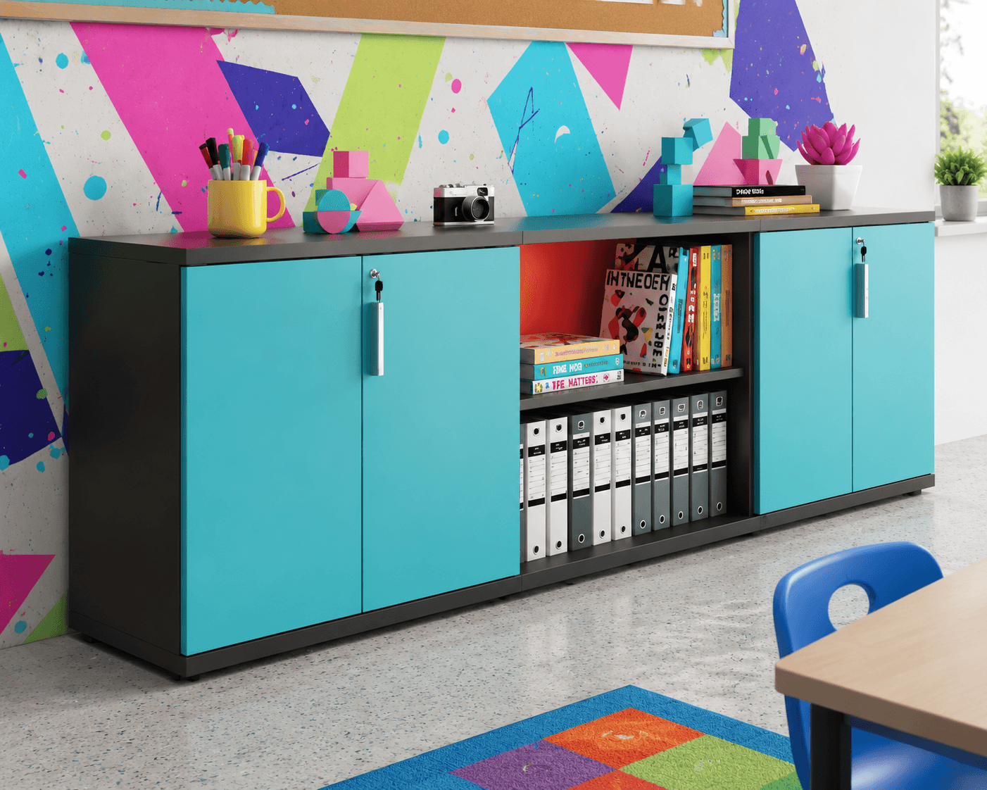 Locker & Storage – Low Storage Credenza with Coloured Doors
