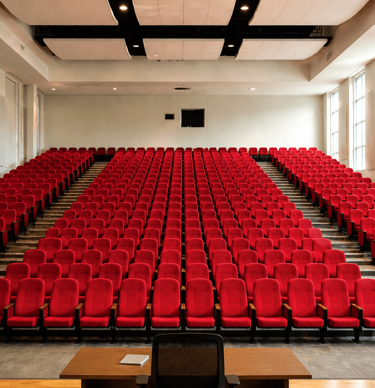 Auditorium Chair – Upholstered Fixed Seat (Red, with Wooden Armrests)