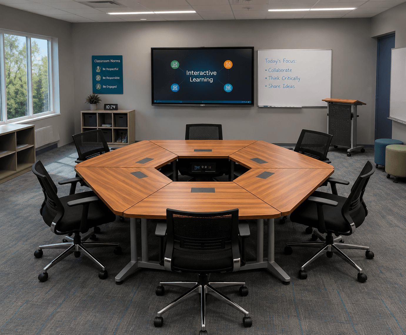 Interactive Classroom Furniture – Diamond/Square Cluster Table (with Central Hub)