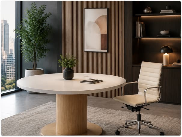 Boardroom desks arranged in a corporate workspace