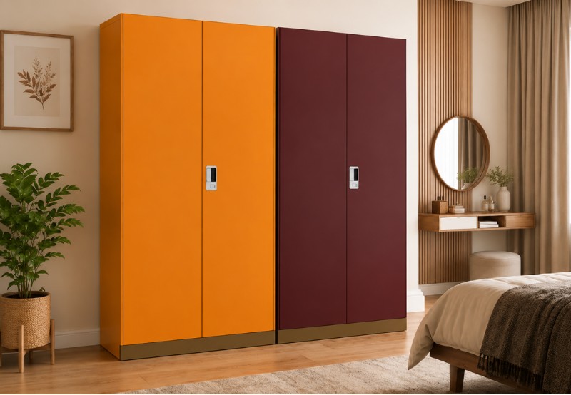 Zumax Dreamline steel almirahs in Saffron Orange and Maroon Red in a modern bedroom