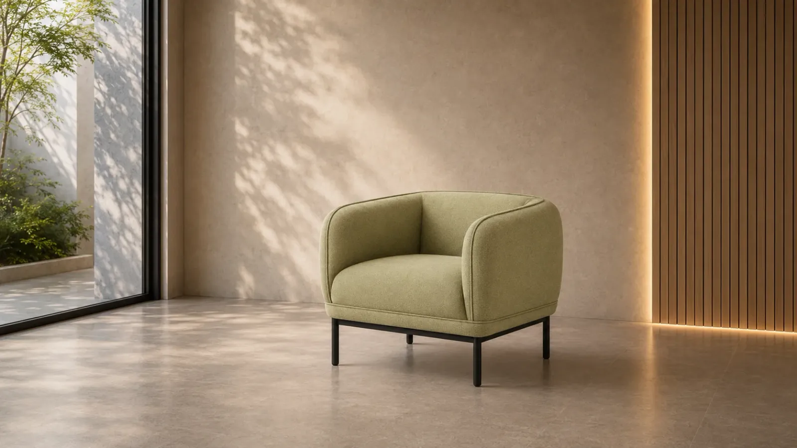Sage compact lounge chair on a slim metal base