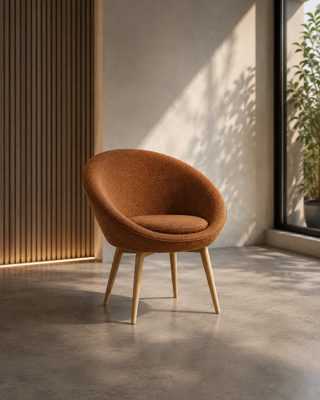 Rust egg lounge chair with wooden legs