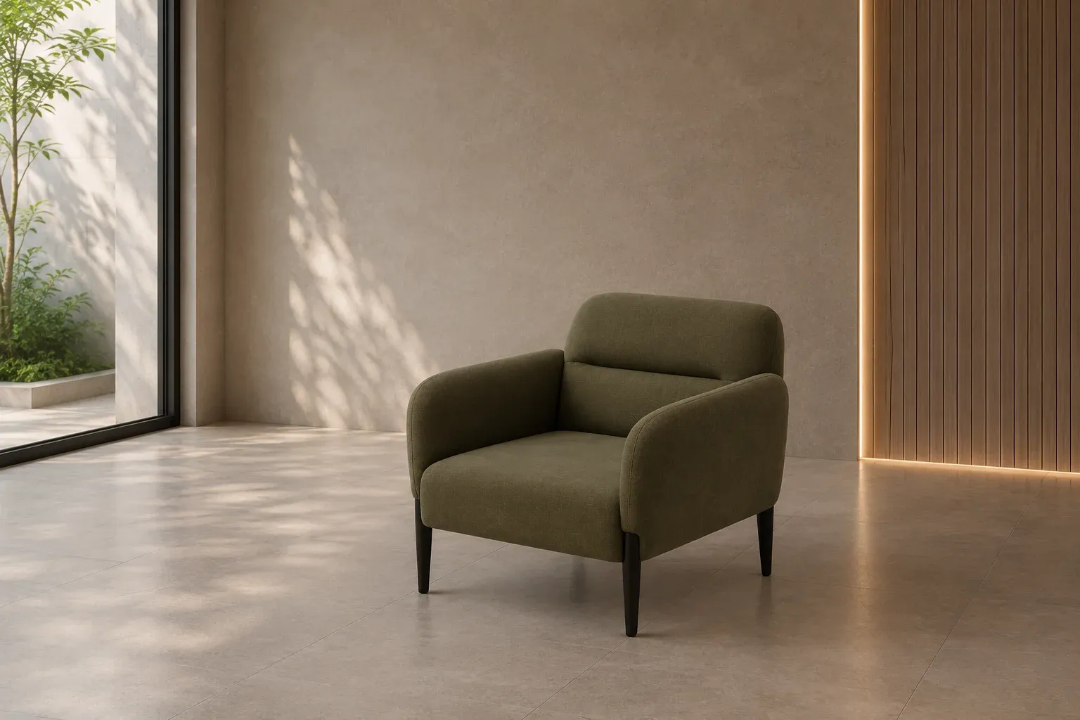 Olive lounge armchair with black legs