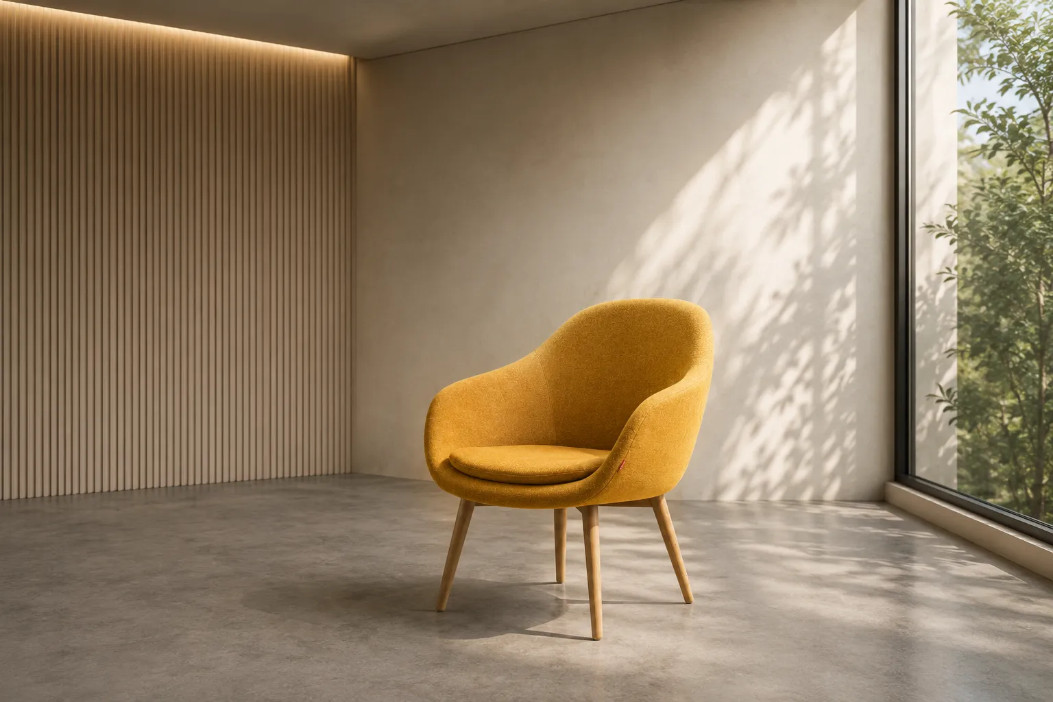 Mustard pod chair with wooden legs
