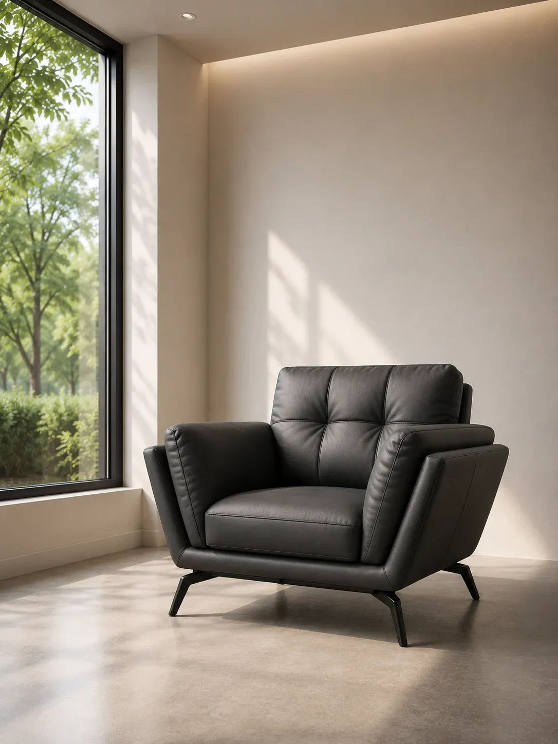 Black tufted leather armchair in a bright room
