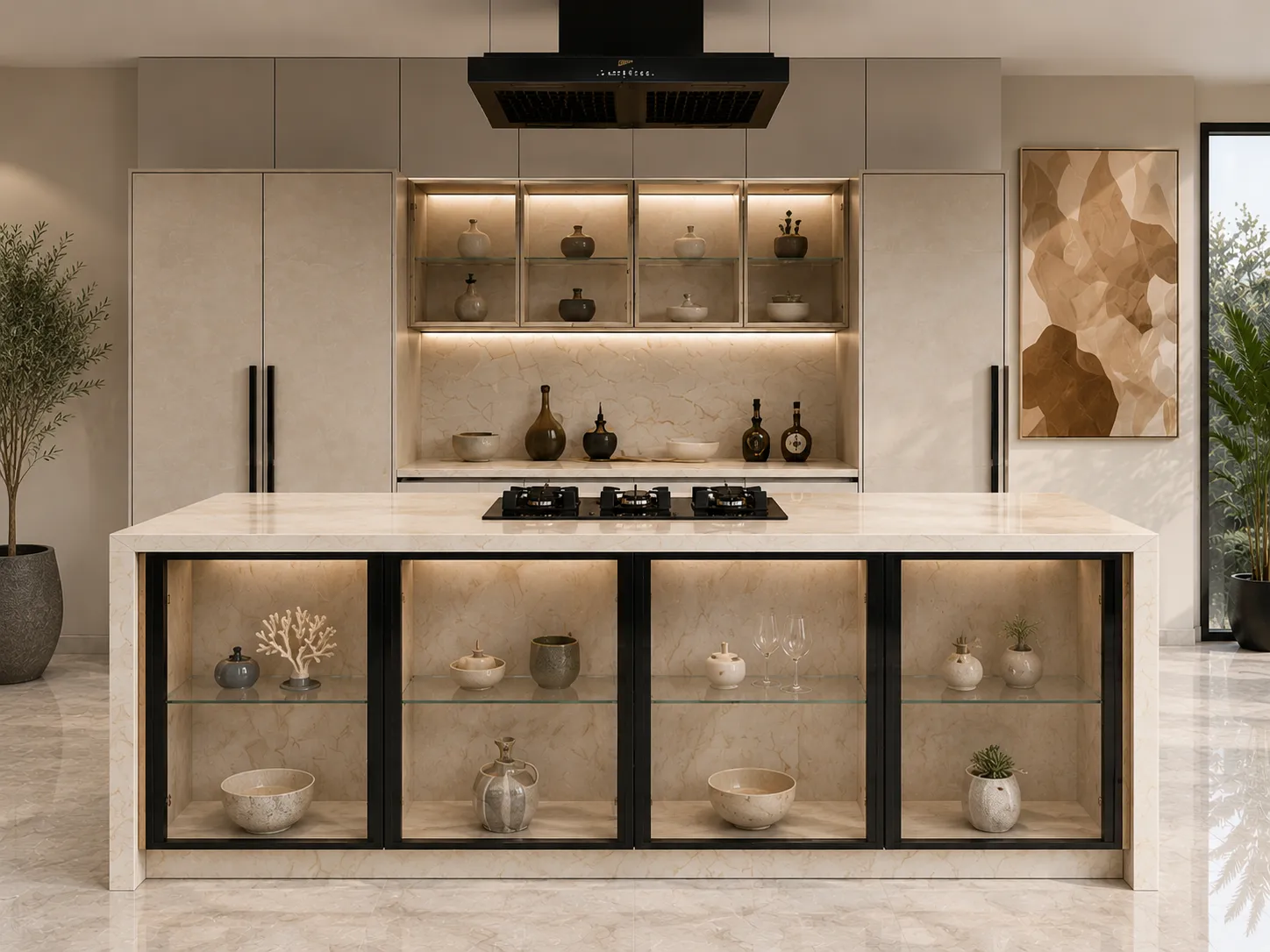 Beige Marble Display Island Kitchen