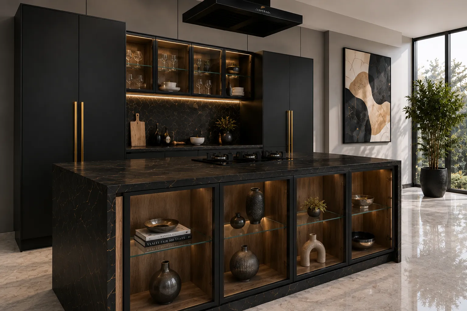 Black and Gold Marble Display Island Kitchen