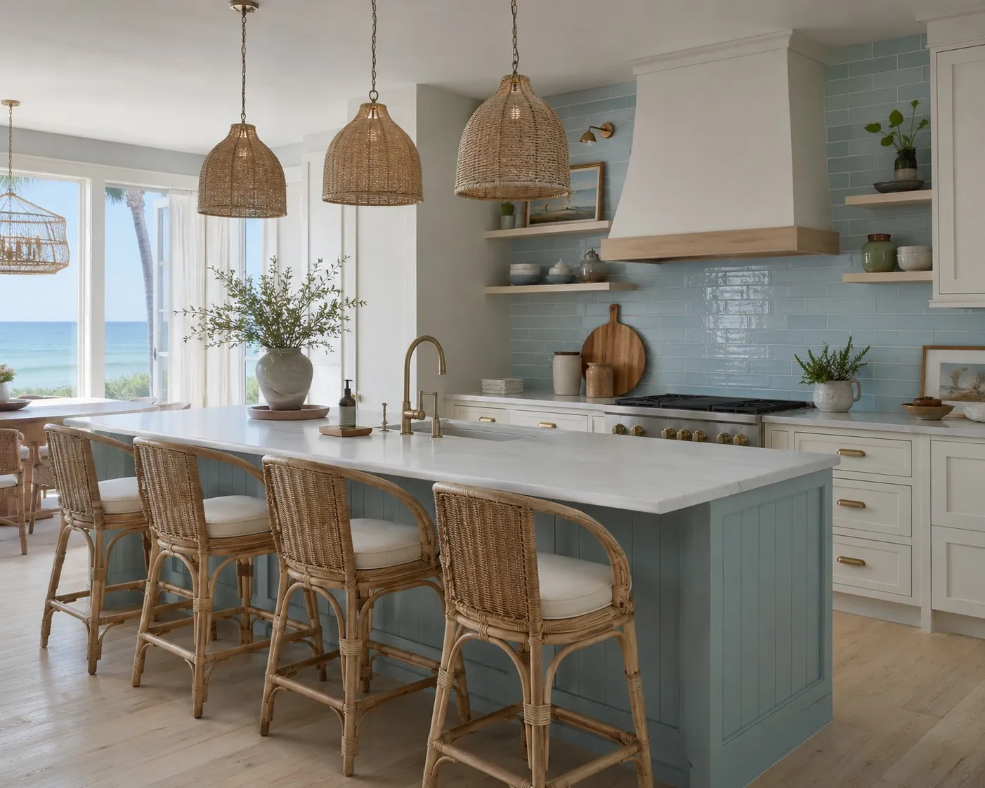 Coastal Blue Rattan Island Kitchen