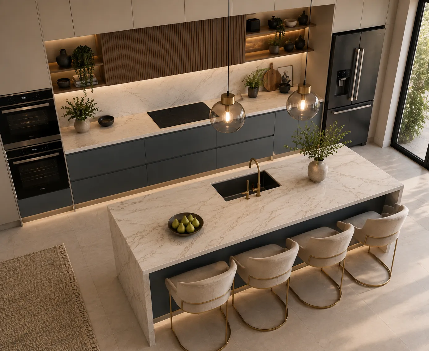 Graphite and Marble Waterfall Island Kitchen