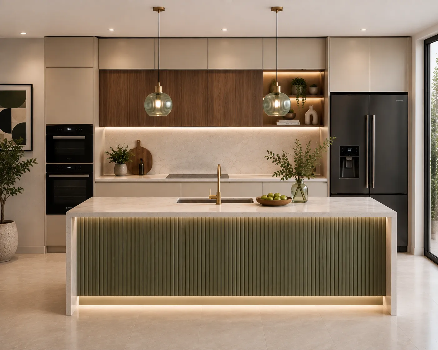 Olive Fluted LED Island Kitchen