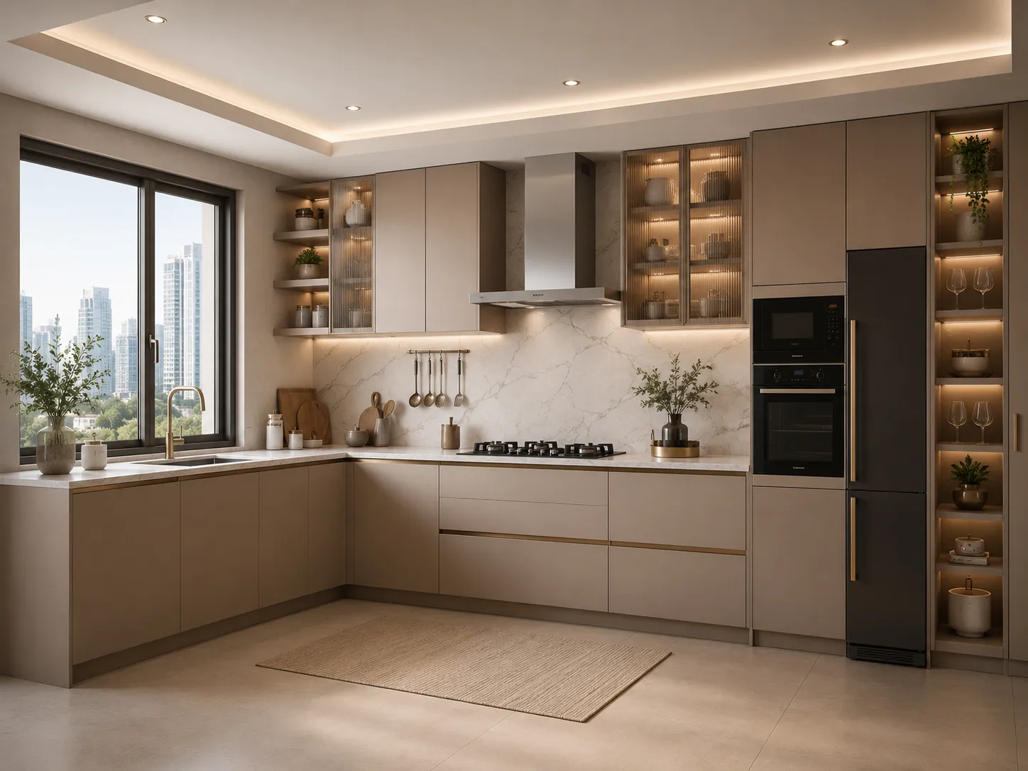 Champagne Gold Handleless Fluted Glass L-Shaped Kitchen