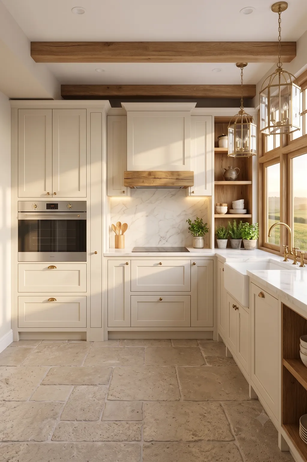 Classic Off-White Shaker Marble Backsplash L-Shaped Kitchen