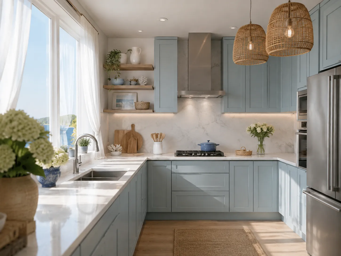 Coastal Light Blue Shaker Woven Pendant L-Shaped Kitchen