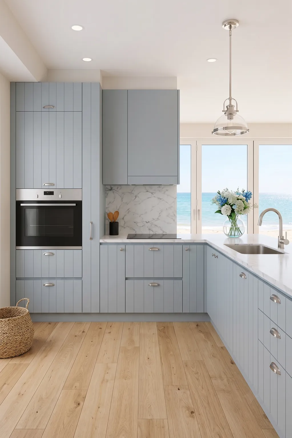 Coastal Slate Blue Beaded Panel L-Shaped Kitchen